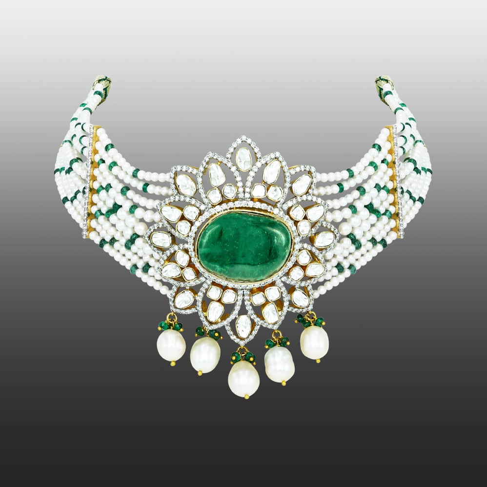 Emerald and Polki Choker with Pearl strings and Drops